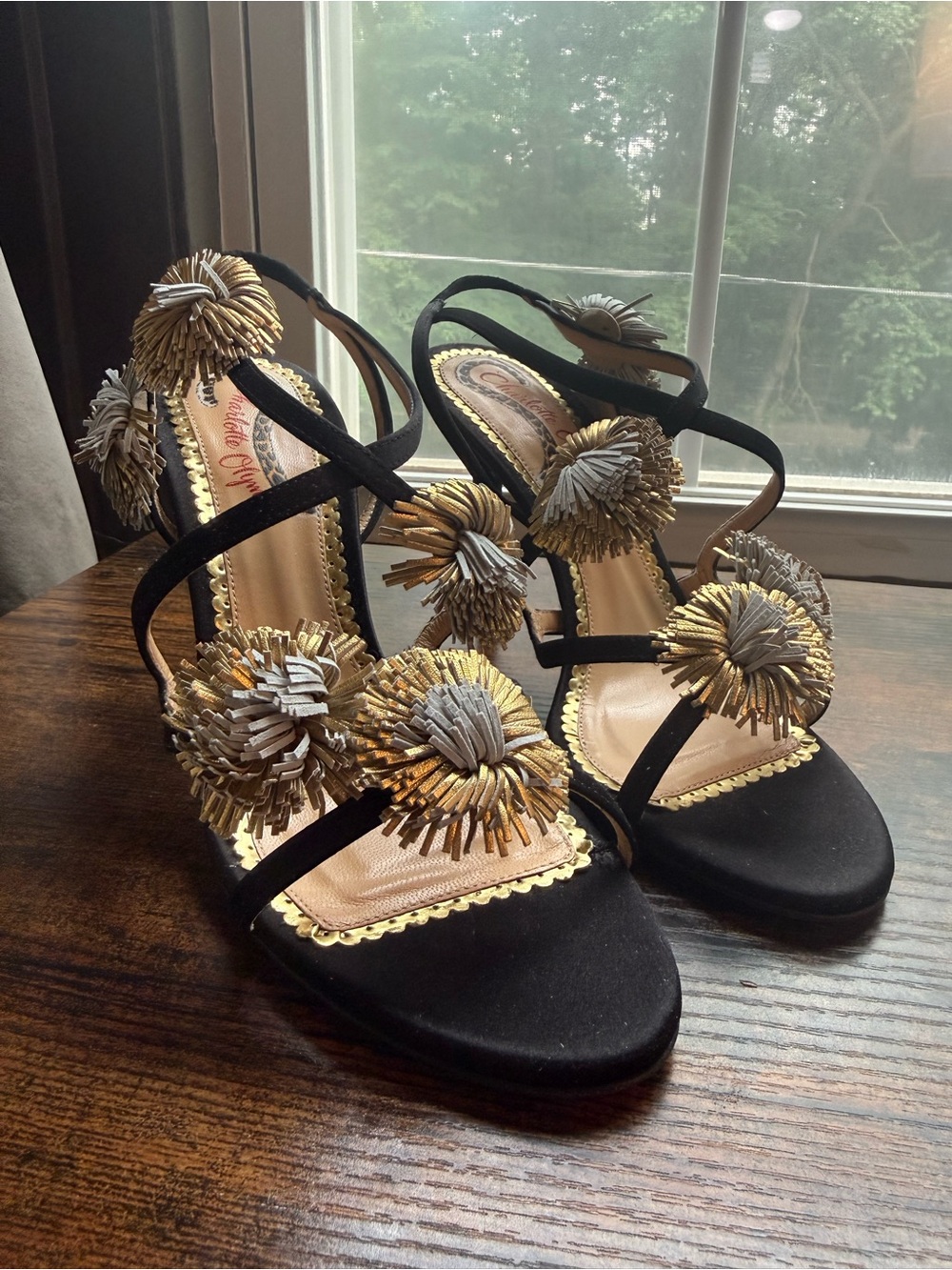 Charlotte Olympia Black Strappy Heels with Gold & Silver Pom-Pom Embellishments